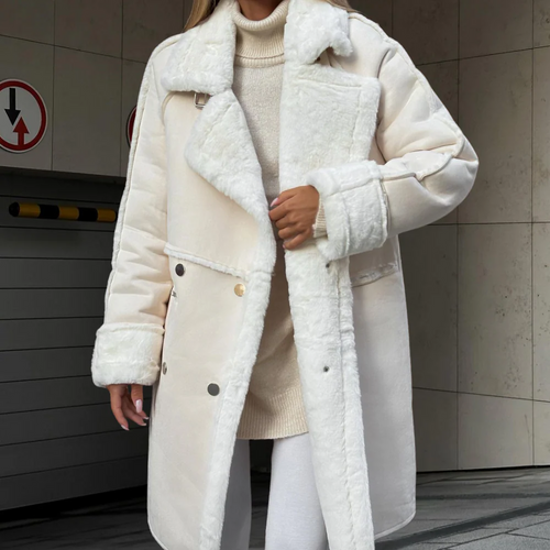 EB | Langer Mantel Oversized Schnitt Weiches Samtmaterial Breite Revers
