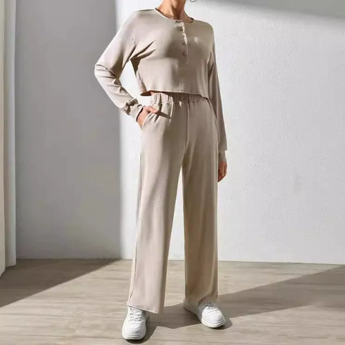 EB | Loungewear Satz Weicher Strick Kurzer Pullover mit Knöpfen Weite Hose