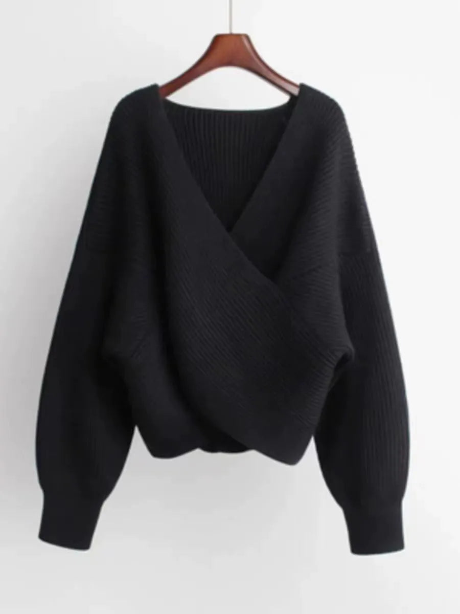 EB | Übergröße Sweatshirt Strickrib Textur V-Ausschnitt Ballonärmel