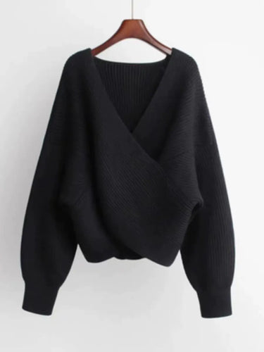EB | Übergröße Sweatshirt Strickrib Textur V-Ausschnitt Ballonärmel