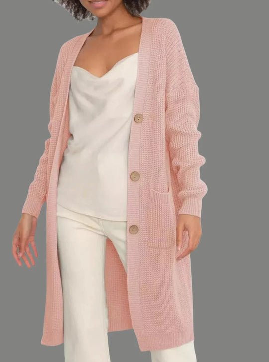 EB | Lange Strickjacke Weiches Strick Lockerer Schnitt Knöpfe mit Taschen