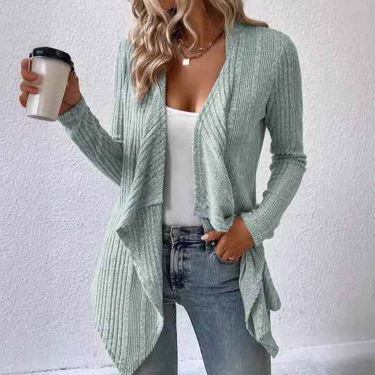 EB | Strickjacke Wollmischung Relaxed Passform Rippstrick Offene Drapierte Vorderseite