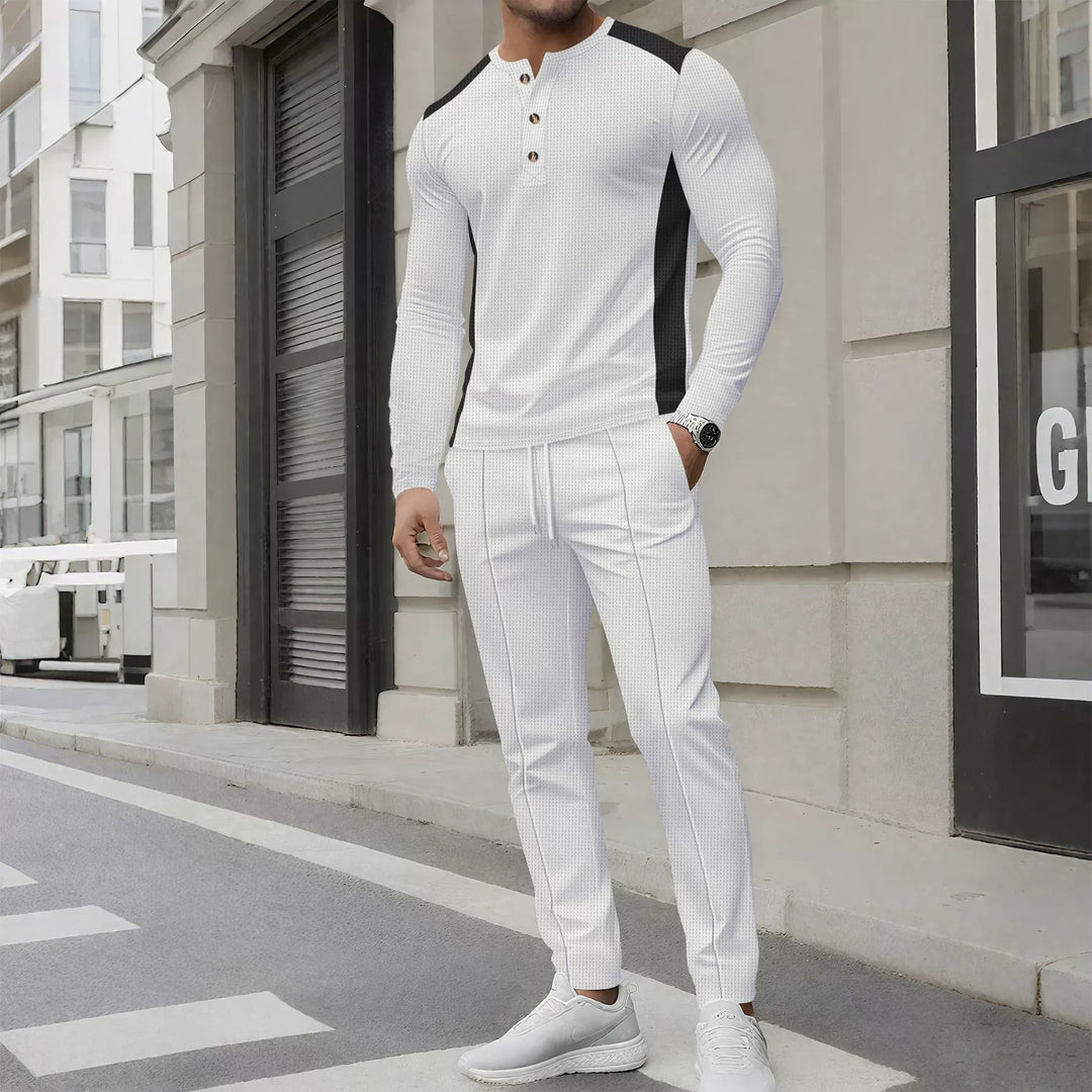 EB | Satz mit Henley Sweater und Hose Slim Passform Waffelstruktur Knopfkragen