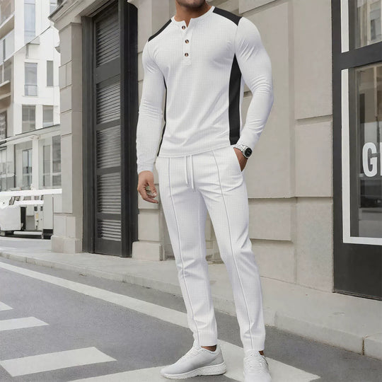 EB | Satz mit Henley Sweater und Hose Slim Passform Waffelstruktur Knopfkragen