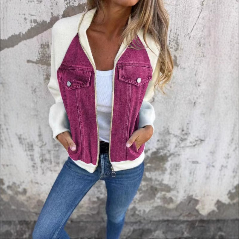 EB | Aus Denim Lockere Passform Patchwork Design Lange Ärmel Knopfverschluss