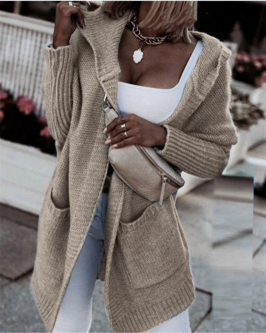 EB | Strickjacke Übergröße Wollähnliche Strick Kapuze Offene Vorderseite Taschen