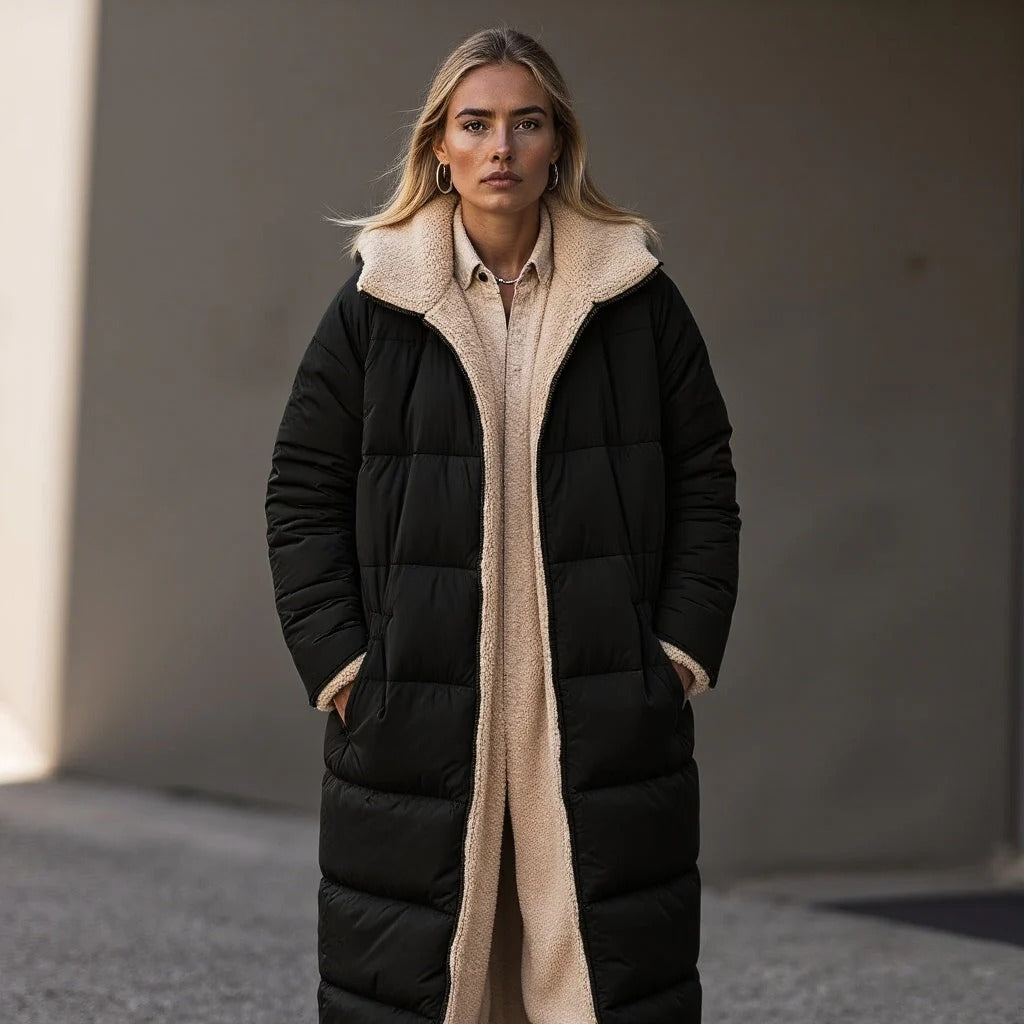 EB | Langer Gesteppter Jacke Lockere Passform Fleecekragen Voll Gefüttert Warmer Komfort