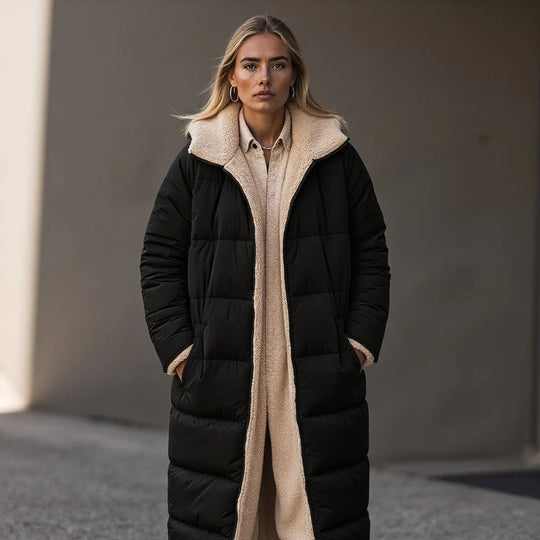 EB | Langer Gesteppter Jacke Lockere Passform Fleecekragen Voll Gefüttert Warmer Komfort