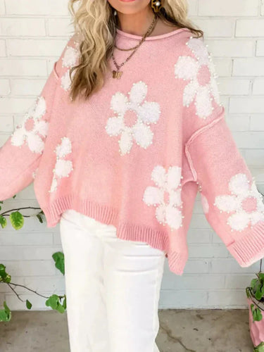 EB | Pullover Sweatshirt Übergröße Fit Strickwebart Perlenblumenverzierung Rundhalsausschnitt