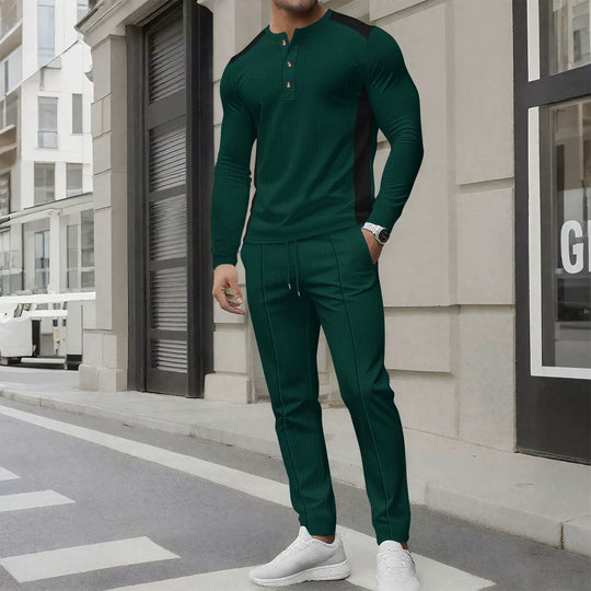 EB | Satz mit Henley Sweater und Hose Slim Passform Waffelstruktur Knopfkragen