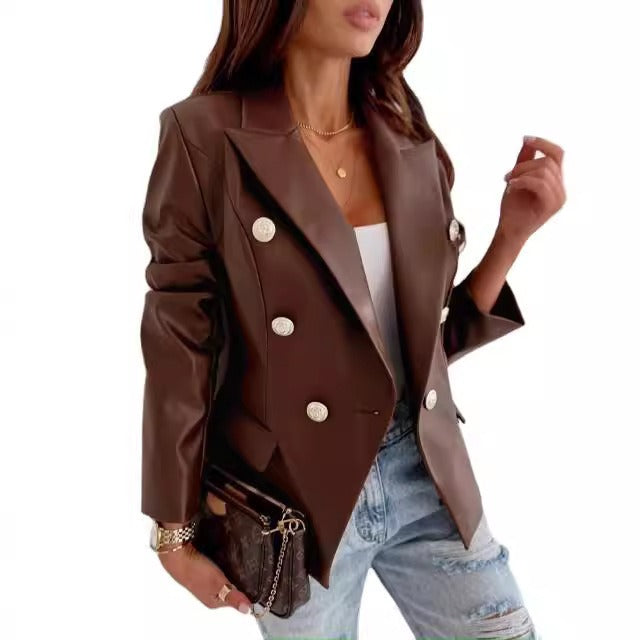 EB | Blazer Lederlook Taillierte Passform Doppelreiher Lange Ärmel