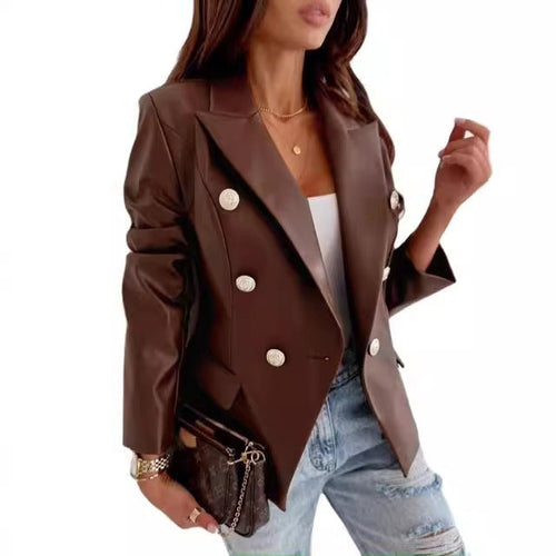 EB | Blazer Lederlook Taillierte Passform Doppelreiher Lange Ärmel