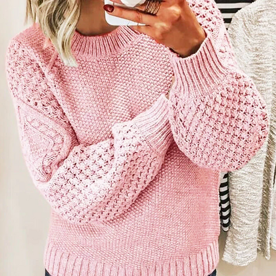 EB | Sweater aus Wollmischung Übergröße Passform Kabelstrick Ballonärmel