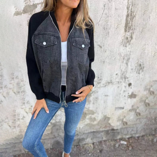 EB | Aus Denim Lockere Passform Patchwork Design Lange Ärmel Knopfverschluss
