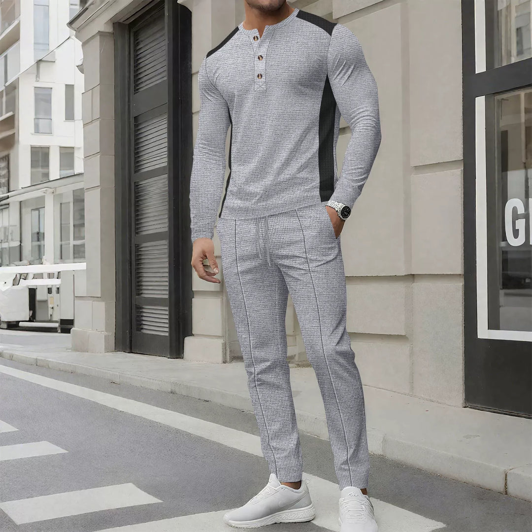 EB | Satz mit Henley Sweater und Hose Slim Passform Waffelstruktur Knopfkragen
