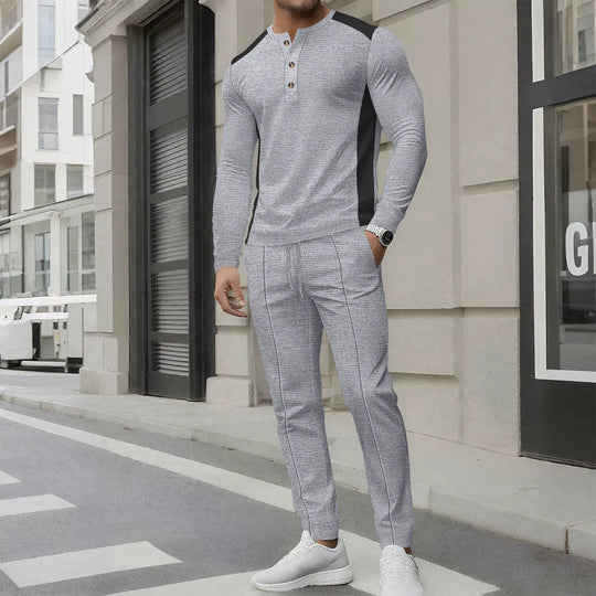 EB | Satz mit Henley Sweater und Hose Slim Passform Waffelstruktur Knopfkragen