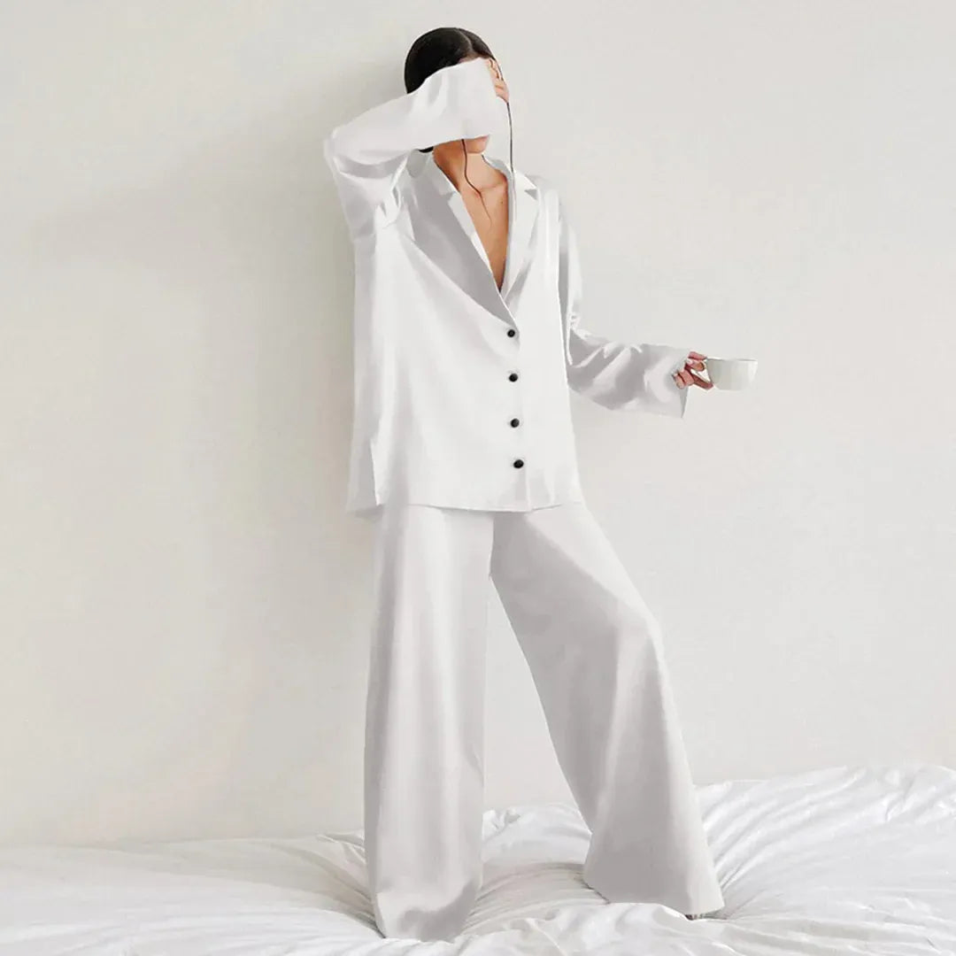 EB | Schlafanzug Set Satin Lockerer Schnitt Shirtoberteil Weite Hose