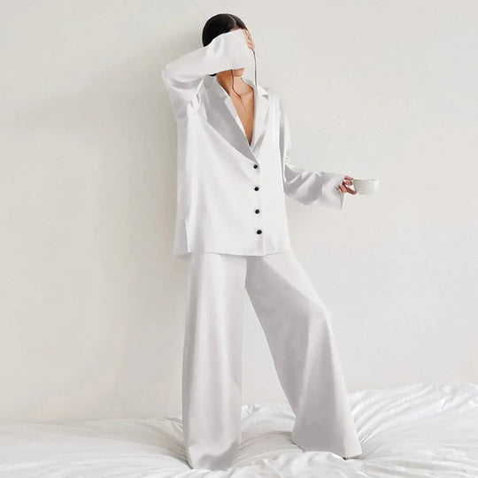 EB | Schlafanzug Set Satin Lockerer Schnitt Shirtoberteil Weite Hose