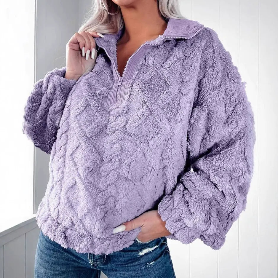 EB | Pullover Sweatshirt Kunstfell Lockere Passform Gepolstert Halber Reißverschluss Lange Ärmel