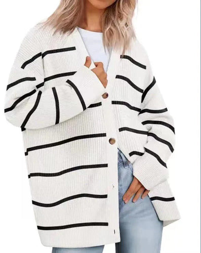 EB | Strickjacke Übergröße Passform Gestrickte Rippstruktur Knopf V-Ausschnitt