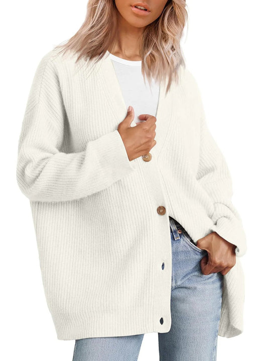 EB | Strickjacke Übergröße Passform Gestrickte Rippstruktur Knopf V-Ausschnitt