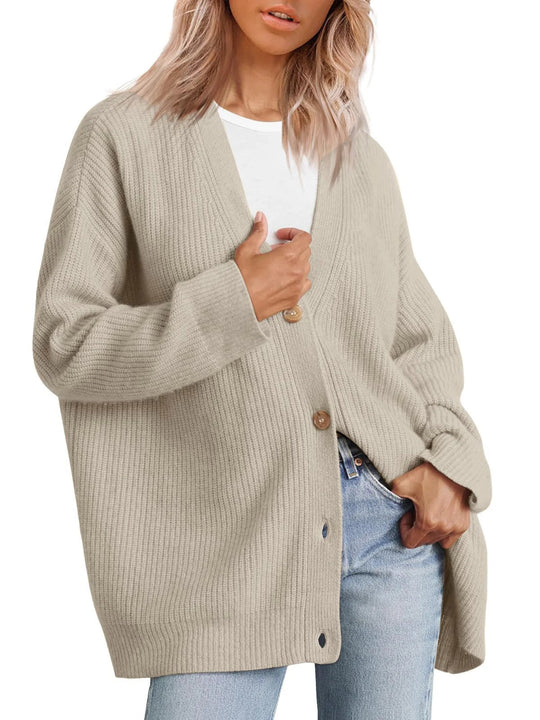 EB | Strickjacke Übergröße Passform Gestrickte Rippstruktur Knopf V-Ausschnitt