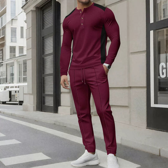 EB | Satz mit Henley Sweater und Hose Slim Passform Waffelstruktur Knopfkragen