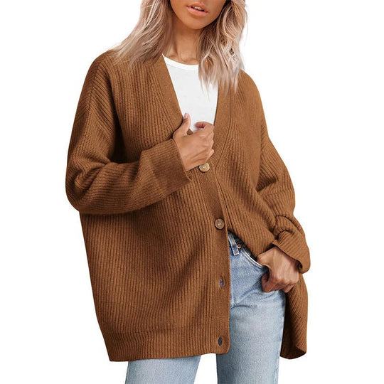 EB | Strickjacke Übergröße Passform Gestrickte Rippstruktur Knopf V-Ausschnitt