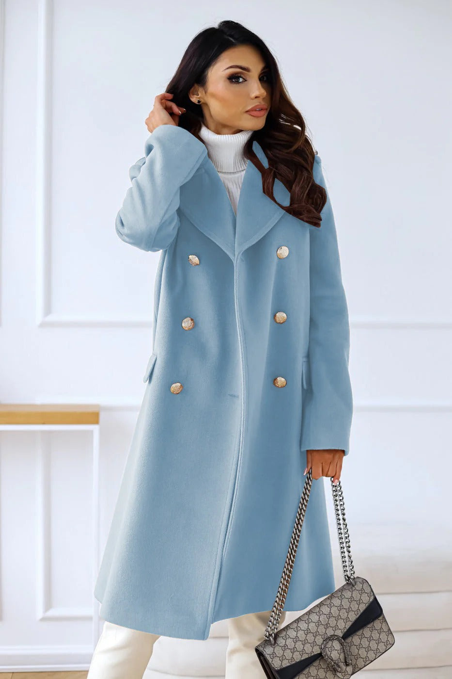EB | Langer Mantel Taillierte Passform Wollgefühl Doppelreiher Klassischer Revers