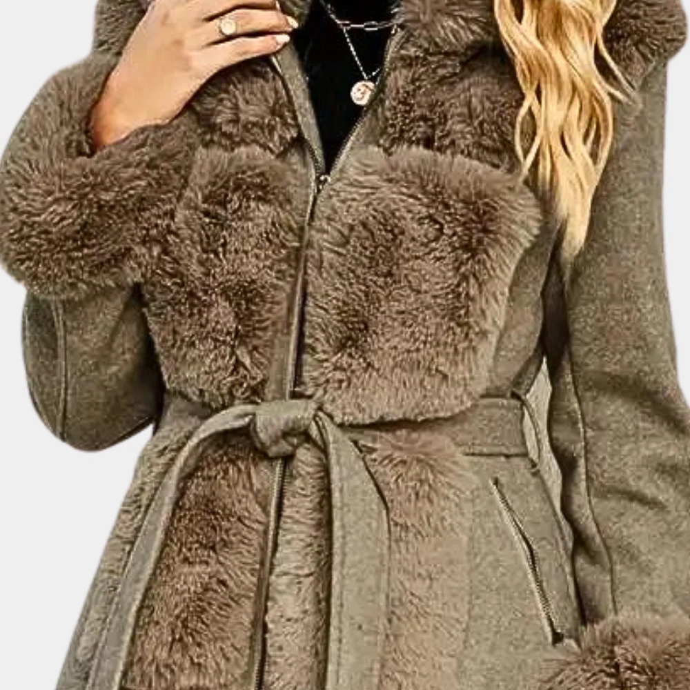 EB | Trenchcoat Wollmischung Lockere Passform Kunstpelzbesatz