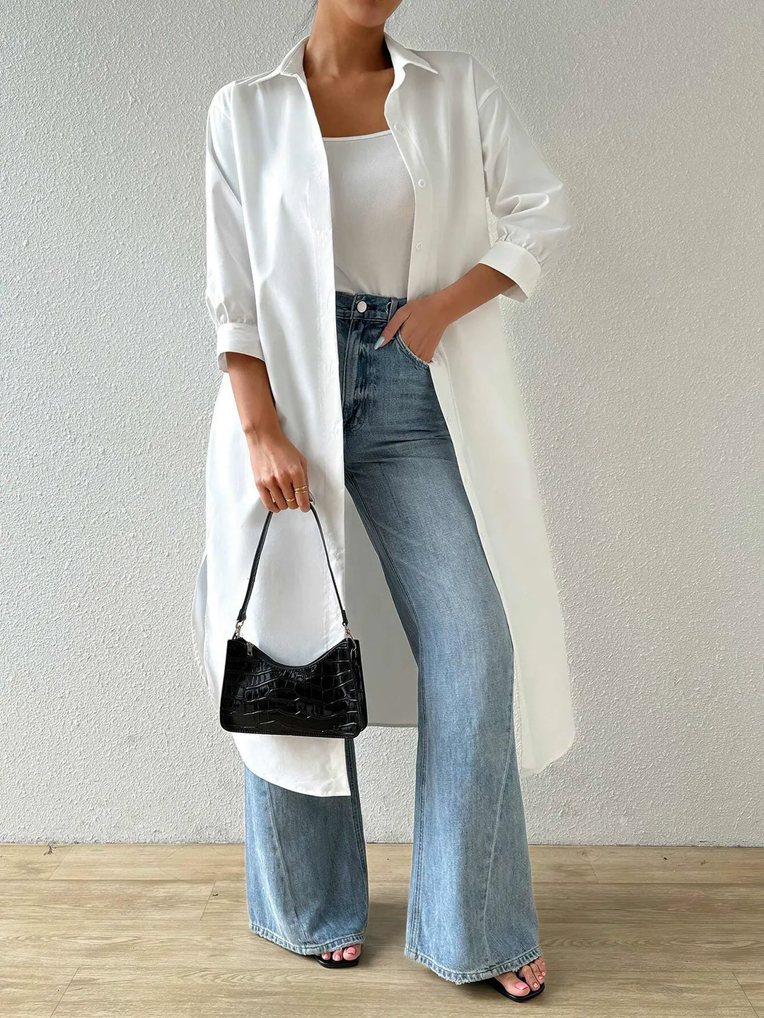 EB | Strickjacke Light Knit Long Modell Offene Front 3/4 Ärmel Relaxed Passform