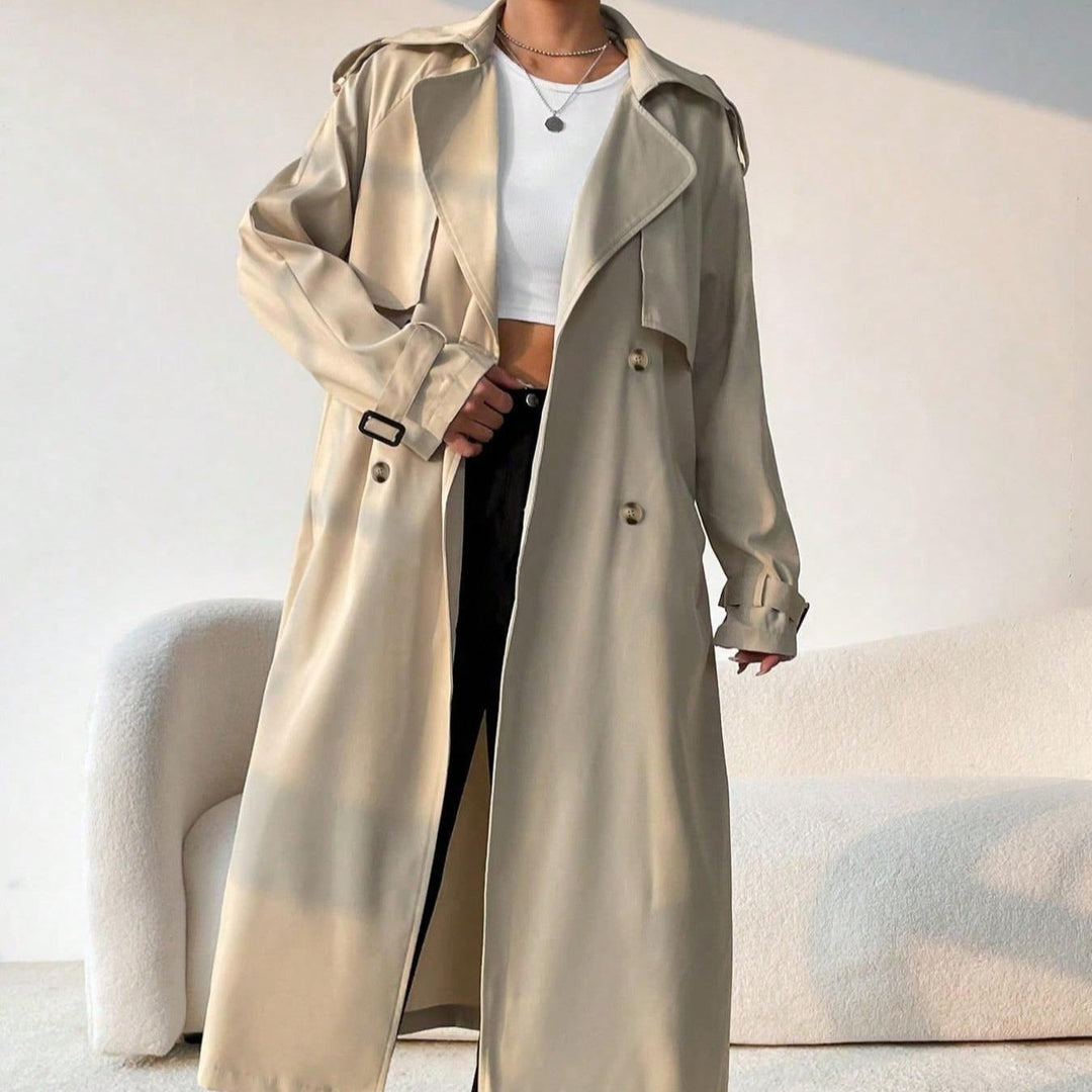 EB | Langer Trenchcoat für Damen mit Revers, doppelter Brust und verstellbarem Gürtel