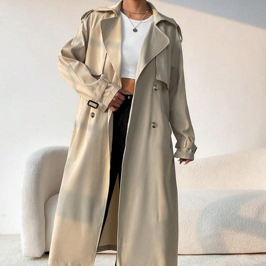 EB | Langer Trenchcoat für Damen mit Revers, doppelter Brust und verstellbarem Gürtel