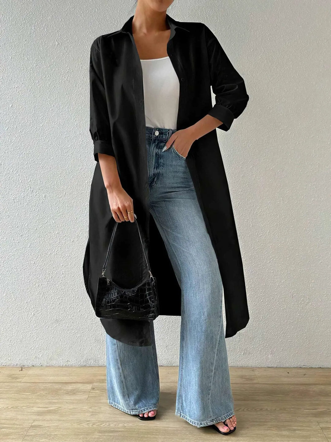 EB | Strickjacke Light Knit Long Modell Offene Front 3/4 Ärmel Relaxed Passform