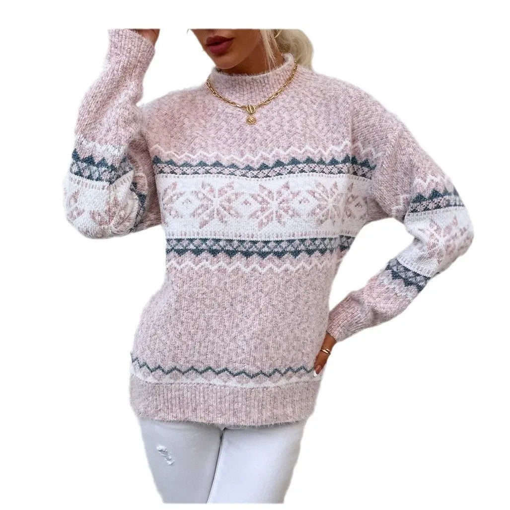 EB | Pullover Wollstrick Lässige Passform Schneeflockenmuster Hoher Kragen