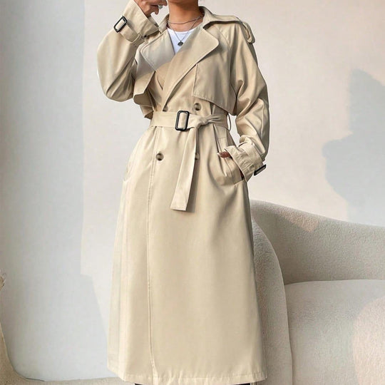 EB | Langer Trenchcoat für Damen mit Revers, doppelter Brust und verstellbarem Gürtel