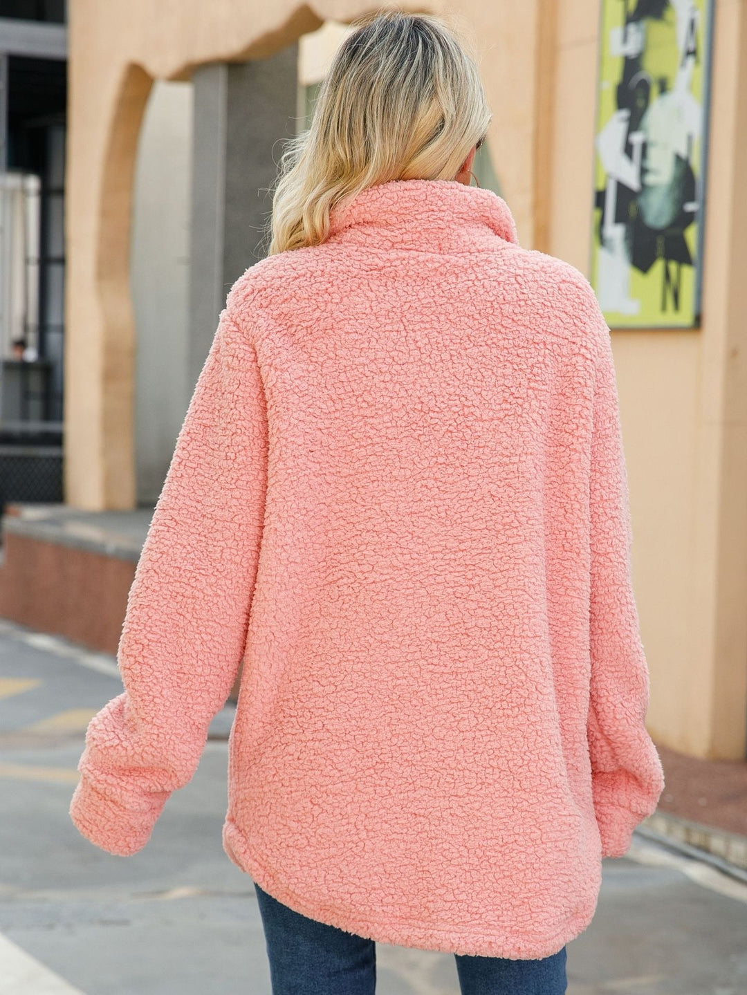 EB | Shacket Übergröße Sherpa Fleece Langschnitt Knopf Vorderseite Patch Taschen