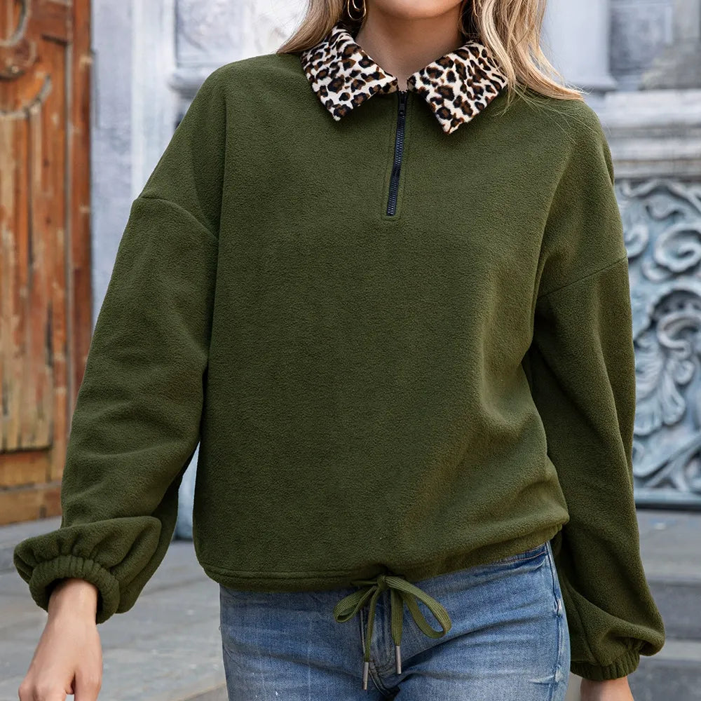 EB | Pullover Sweatshirt Fleece Lockere Passform Kunstfellkragen Reißverschluss Hals Kordelzugsaum