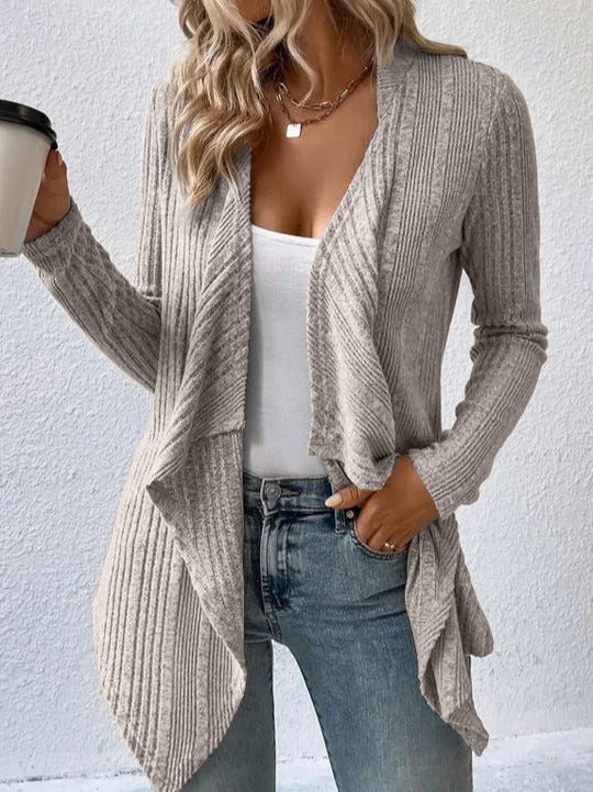 EB | Strickjacke Wollmischung Relaxed Passform Rippstrick Offene Drapierte Vorderseite