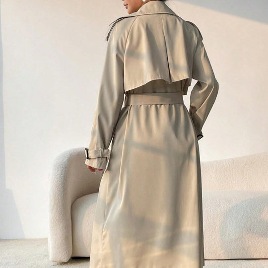EB | Langer Trenchcoat für Damen mit Revers, doppelter Brust und verstellbarem Gürtel