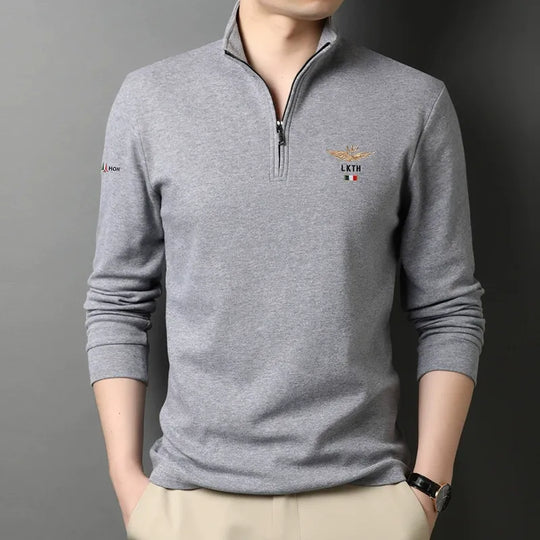 EB | Langarm-T-Shirt Slim Fit Baumwolle Halber Reißverschluss Gesticktes Detail