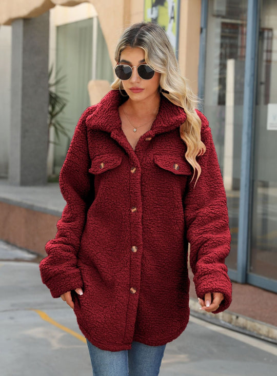 EB | Shacket Übergröße Sherpa Fleece Langschnitt Knopf Vorderseite Patch Taschen