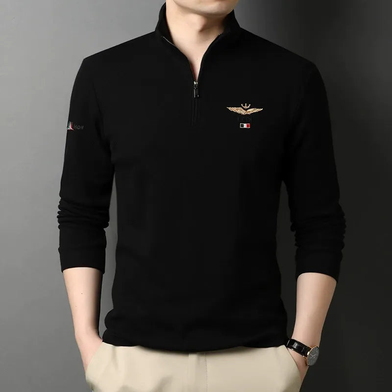 EB | Langarm-T-Shirt Slim Fit Baumwolle Halber Reißverschluss Gesticktes Detail