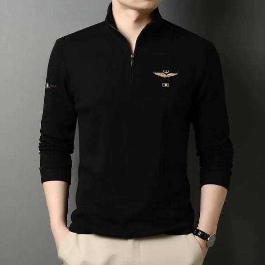 EB | Langarm-T-Shirt Slim Fit Baumwolle Halber Reißverschluss Gesticktes Detail
