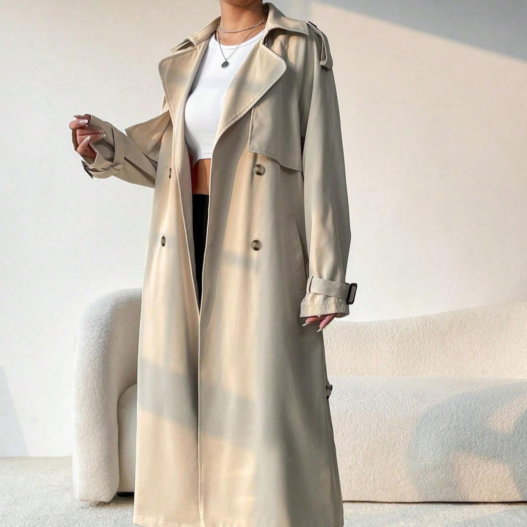 EB | Langer Trenchcoat für Damen mit Revers, doppelter Brust und verstellbarem Gürtel