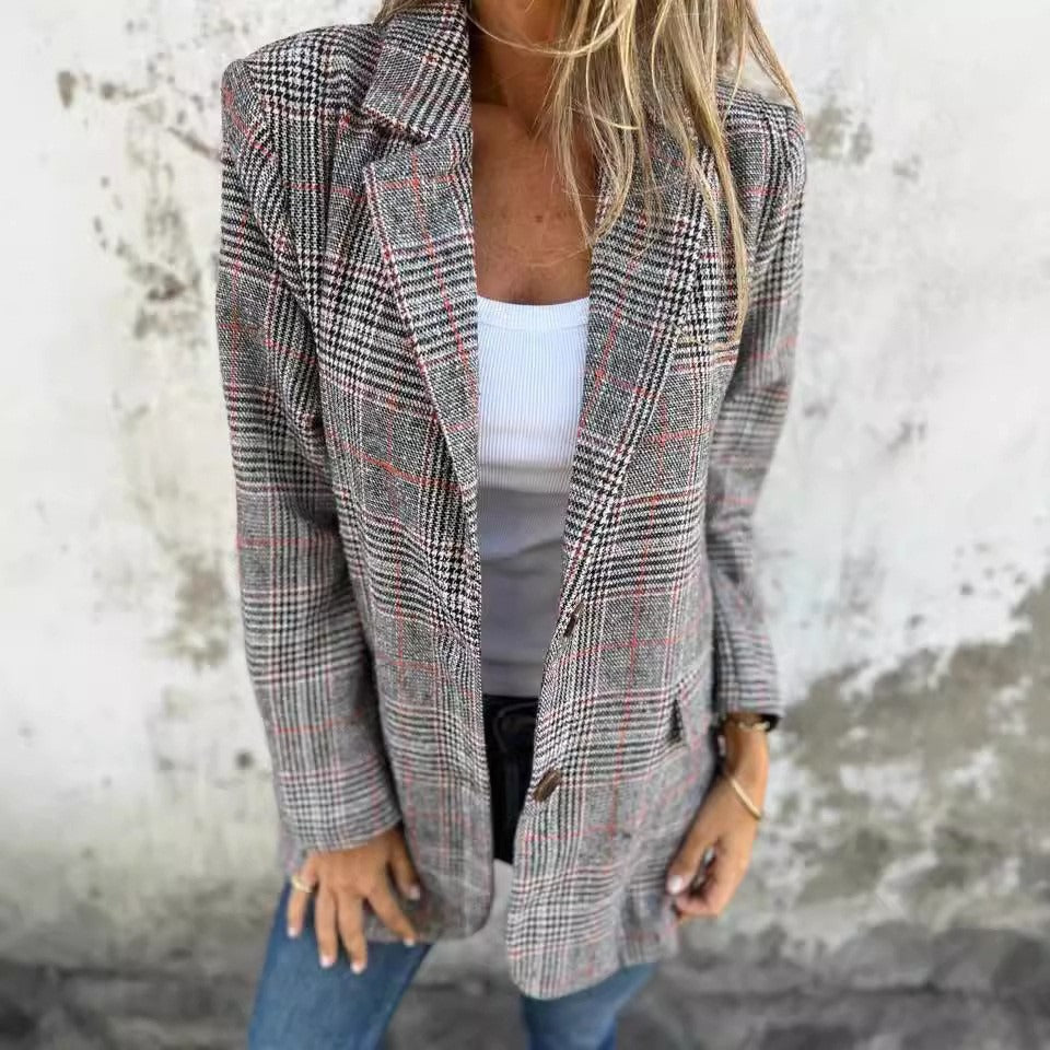 EB | Strickjacke Wollmischung Lockere Passform Hahnentritt Reverskragen