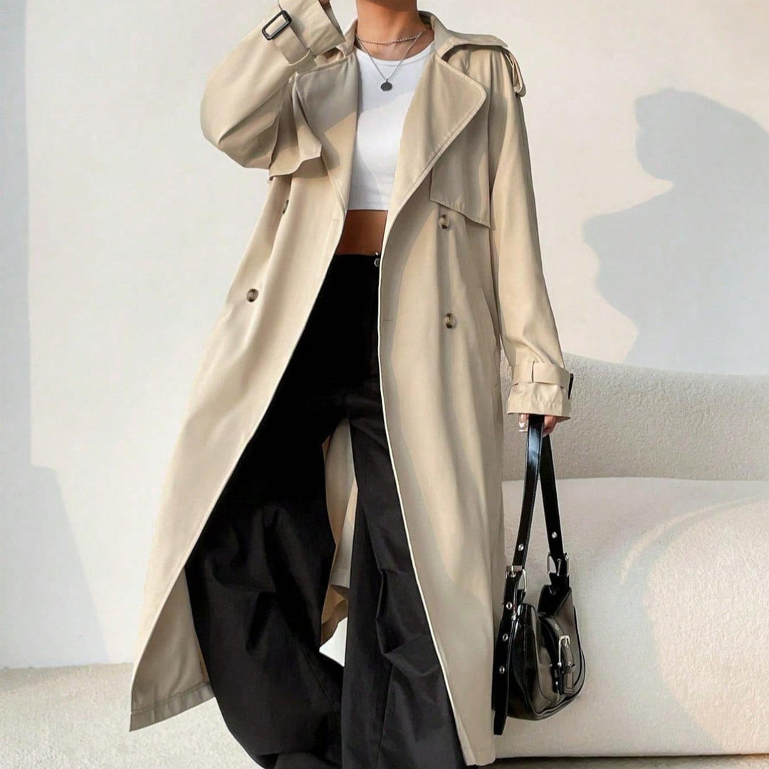 EB | Langer Trenchcoat für Damen mit Revers, doppelter Brust und verstellbarem Gürtel