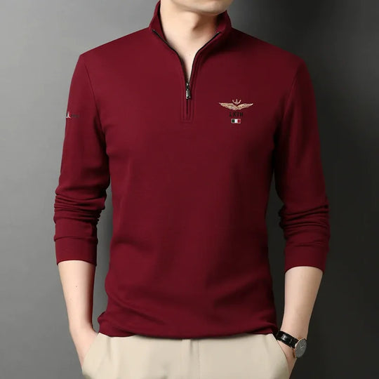 EB | Langarm-T-Shirt Slim Fit Baumwolle Halber Reißverschluss Gesticktes Detail