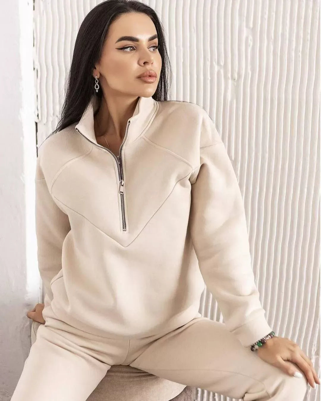 EB | Loungewear Satz Fleece Lockere Passform Kapuzenpullover mit Halbem Reißverschluss Jogginghosen