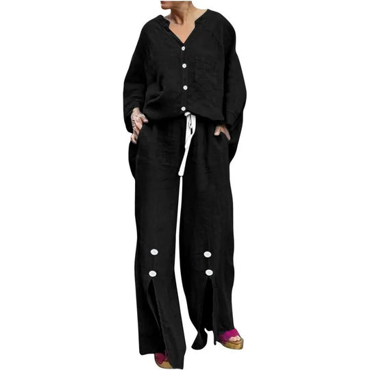 EB | Satz mit Strickjacke und Weiten Hosen Lockerer Schnitt V-Ausschnitt Weicher Baumwollmix